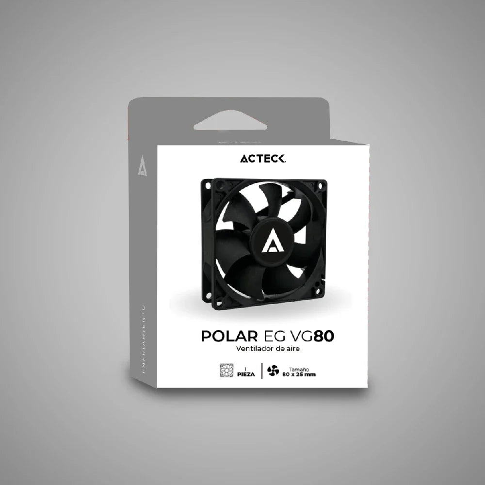Ventilador Acteck Polar EG VG80 para gabinete, tamaño 80 x 25 mm, velocidad de hasta 1800 RPM, flujo de aire 21.8 CFM, 7 aspas, rodamiento hidráulico, conexión Molex.
