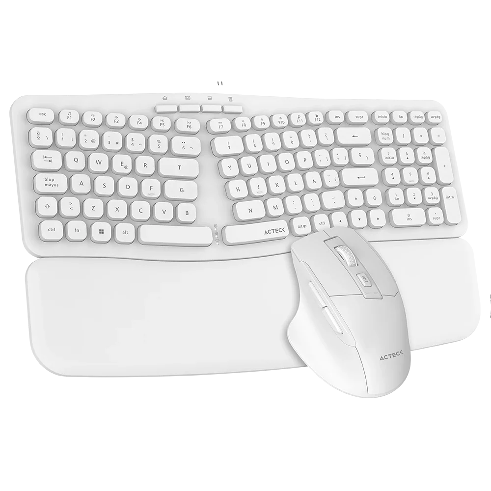 Kit Acteck Creator Ultra Confort MK650 — Teclado y Mouse Inalámbricos, con diseño ergonómico, teclado de membrana con reposabrazos y mouse inalámbrico, color blanco.