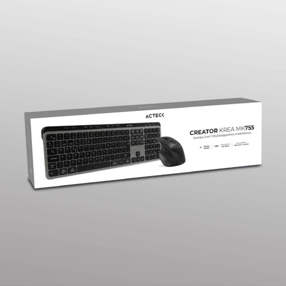Kit Acteck Creator Krea MK755 — Teclado y Mouse Inalámbricos, con conectividad dual (Bluetooth + dongle USB), función multidispositivo, batería recargable, teclado en español de 118 teclas y mouse óptico de hasta 2000 DPI, color negro-gris.