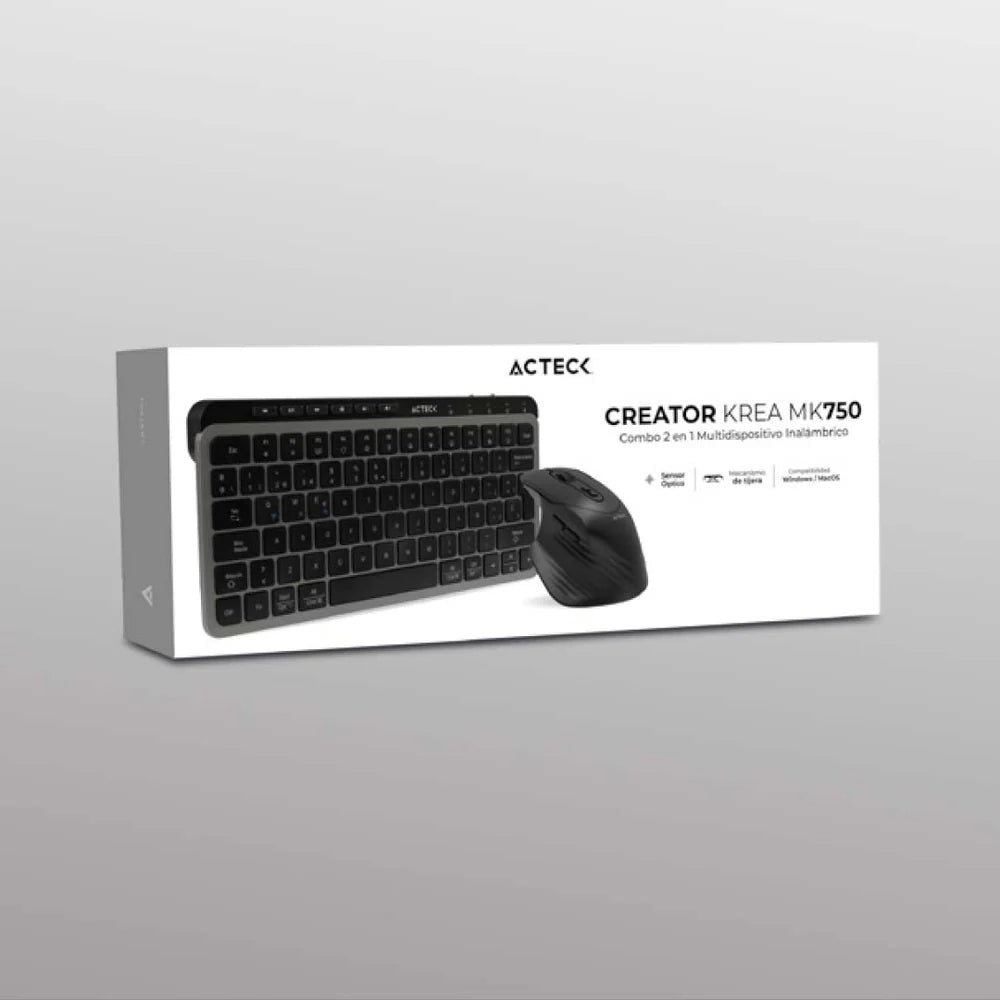 Kit Acteck Creator Krea MK750 — Teclado y Mouse Inalámbricos, con conectividad dual (Bluetooth + dongle), multidispositivo, recargable, teclado en español de 118 teclas y mouse óptico de hasta 2000 DPI, color negro-gris.