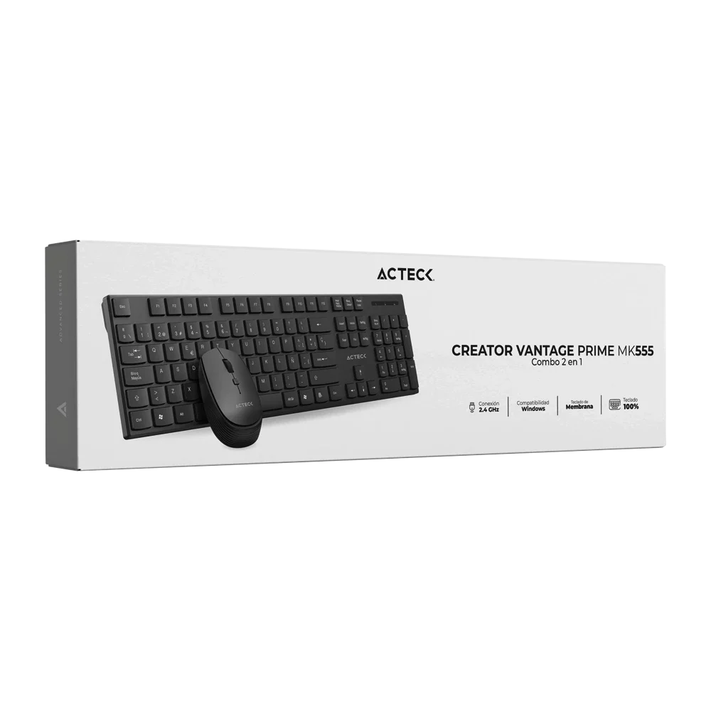 Kit Acteck Creator Vantage Prime MK555 — Teclado y Mouse Inalámbricos con dongle USB, diseño ergonómico, teclado en español de 105 teclas con membrana, y mouse óptico con 1600 DPI ajustable y 4 botones, color negro.