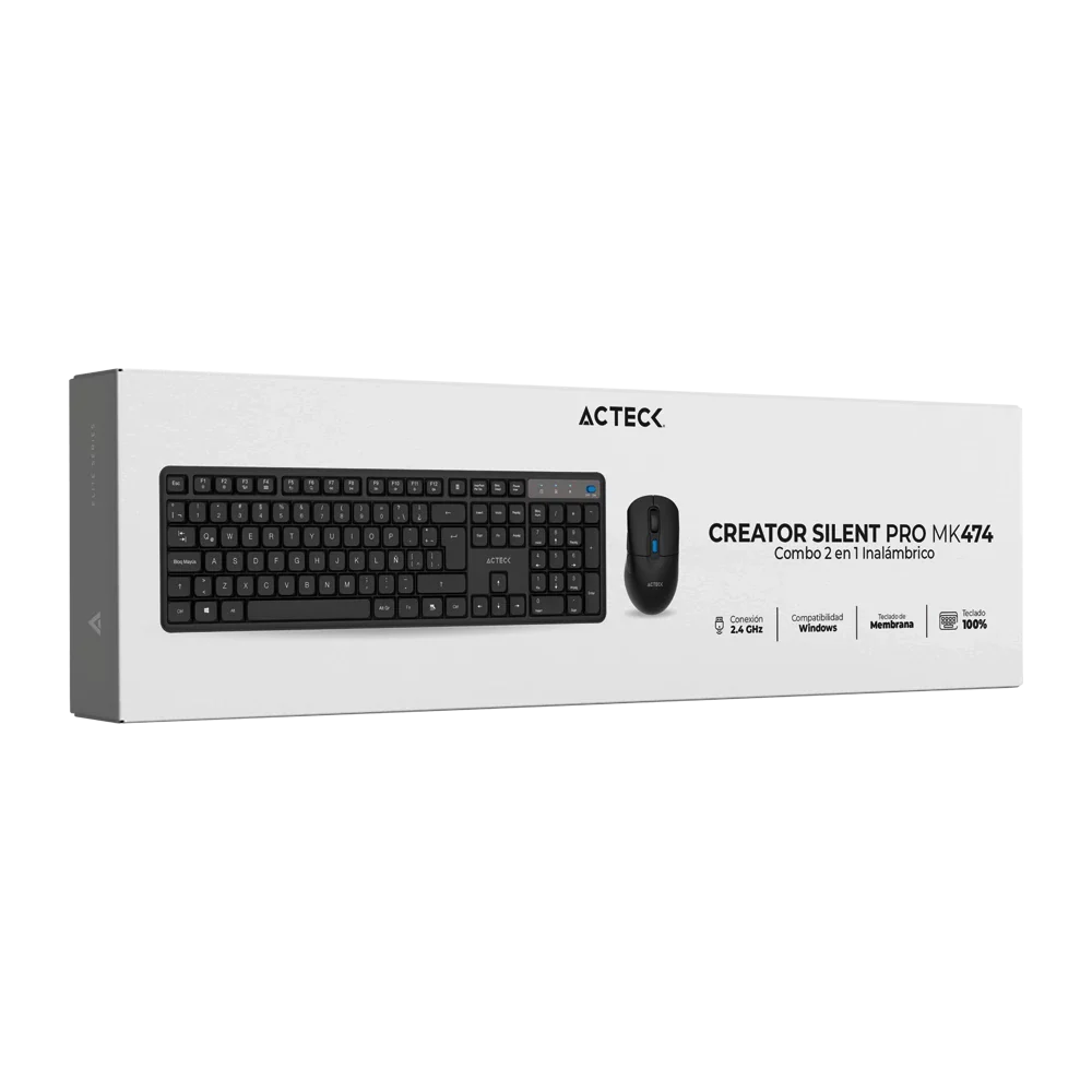 Kit Acteck Creator Silent Pro MK474 — Teclado y Mouse Inalámbricos con dongle USB, compatible con Windows, macOS y Android, teclado ergonómico de 106 teclas, y mouse óptico con 5000 DPI ajustable y 6 botones, color negro.