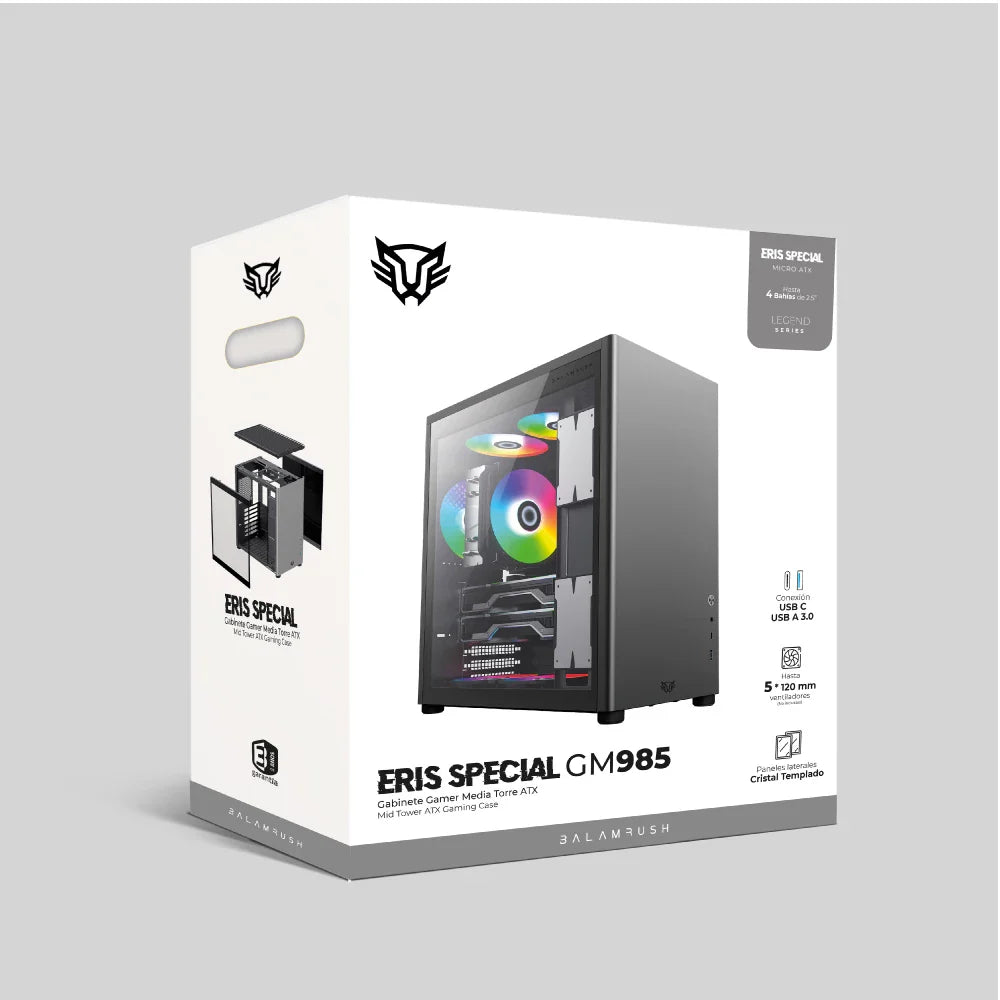 Gabinete Balam Rush Eris Special GM985 BR-935654 – Media Torre, Cristal Templado, ATX/Micro-ATX, USB 3.0, Tira LED Frontal, gris