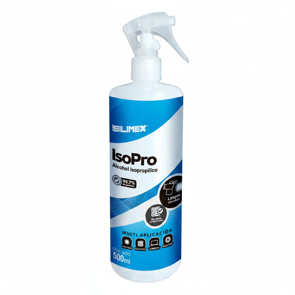 Alcohol Isopropílico SILIMEX de 500 ml con Mini Trigger Precision Spray para Limpieza de Componentes Electrónicos