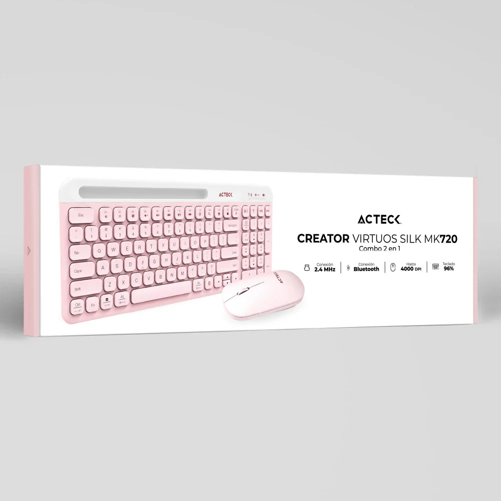 Kit Acteck Creator Virtuos Silk MK720 — Teclado y Mouse Inalámbricos, con conectividad dual Bluetooth + USB, batería recargable, teclado en español de 100 teclas con funciones multimedia y mouse óptico de hasta 4000 DPI, color rosa.