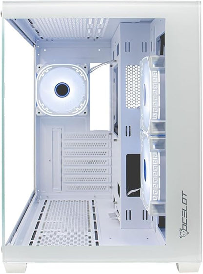 Gabinete Gamer Mid Tower Ocelot Gaming W-Cube 2 (Blanco) - Doble Panel de Cristal Templado, 3 Ventiladores, Soporte para Enfriamiento Líquido de 360mm y GPU de hasta 410mm