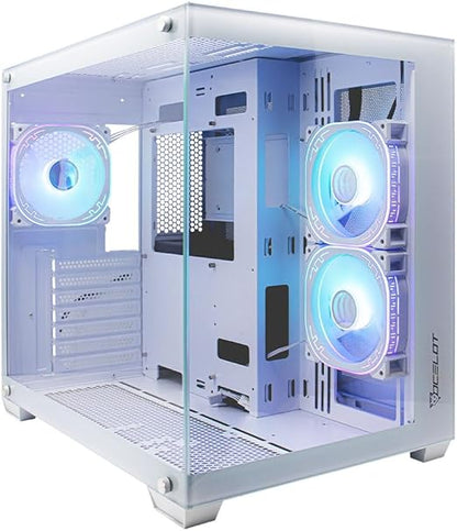 Gabinete Gamer Mid Tower Ocelot Gaming W-Cube 2 (Blanco) - Doble Panel de Cristal Templado, 3 Ventiladores, Soporte para Enfriamiento Líquido de 360mm y GPU de hasta 410mm
