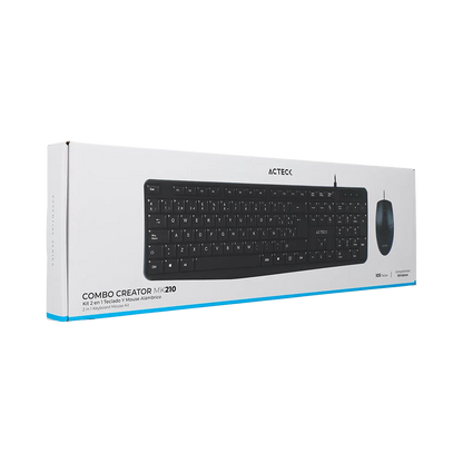 Kit Acteck Creator MK210 — incluye teclado y mouse alámbricos USB, con teclado de 105 teclas (ES) y mouse óptico.