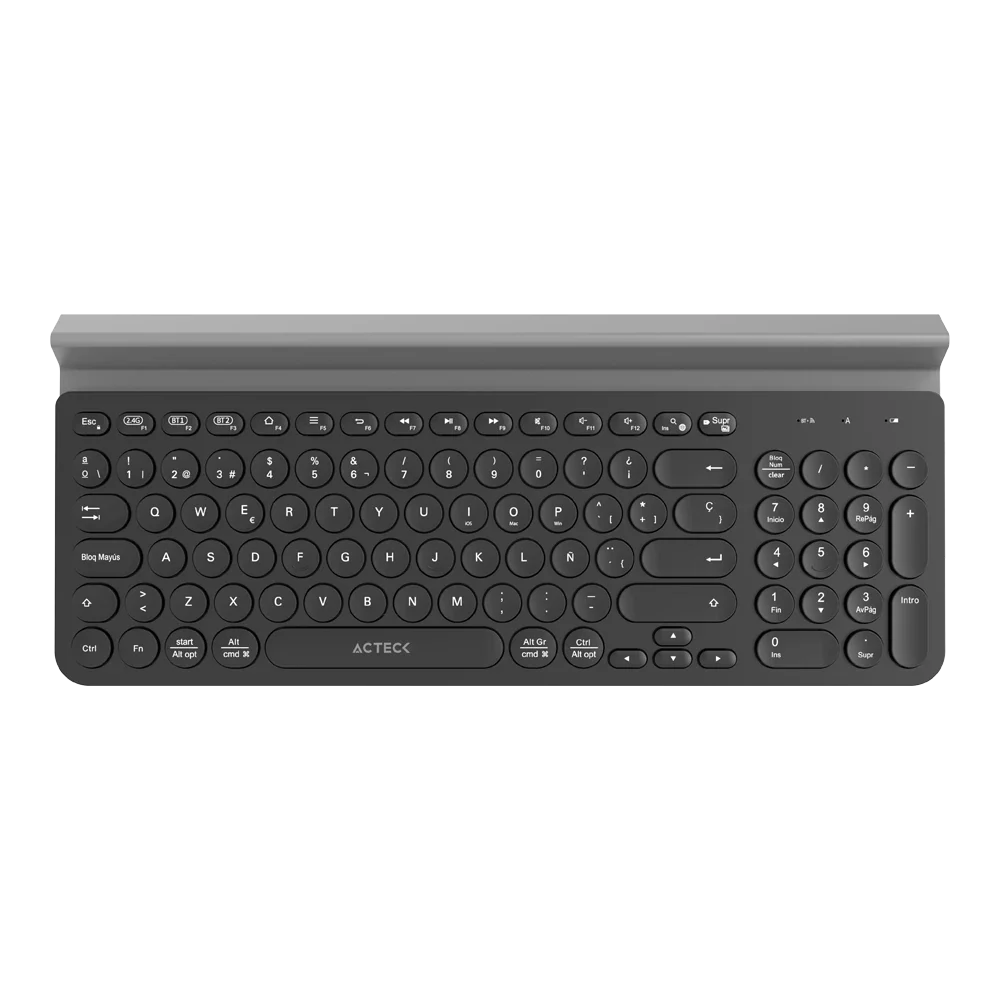 Teclado Acteck Inspire Comp TI695 — Inalámbrico Dual, multidispositivo, con 97 teclas y distribución en español, teclas multifunción y ranura para dispositivos, color negro.