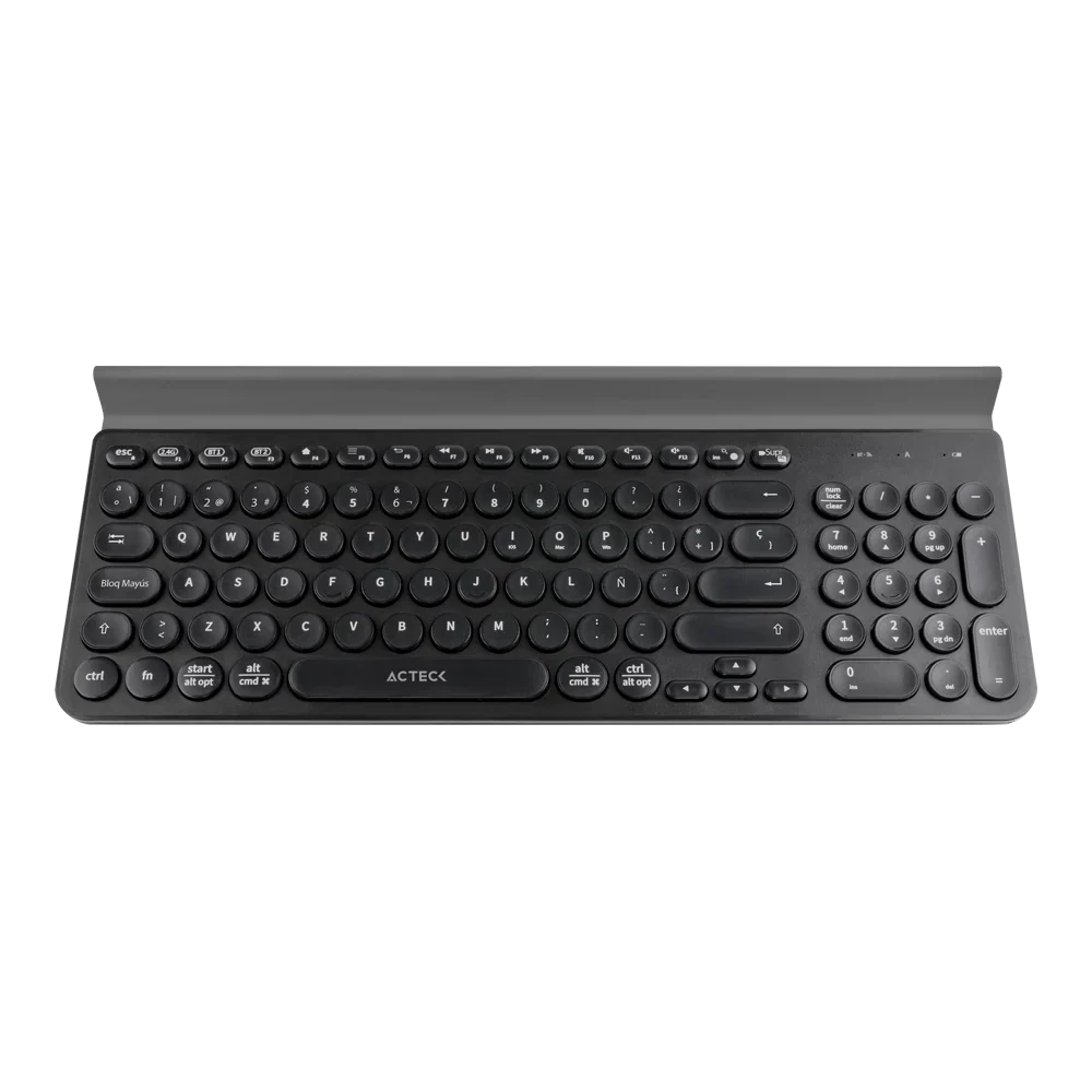 Teclado Acteck Inspire Comp TI695 — Inalámbrico Dual, multidispositivo, con 97 teclas y distribución en español, teclas multifunción y ranura para dispositivos, color negro.