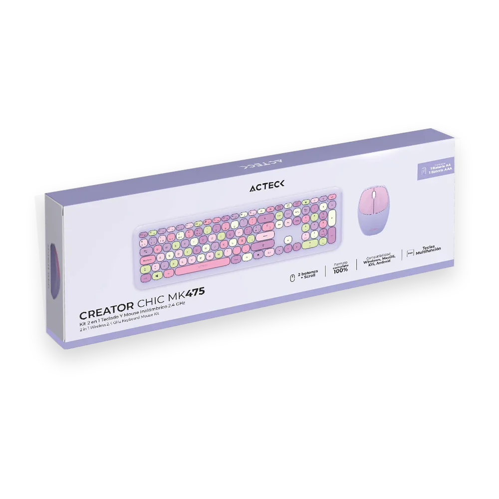 Kit 2 en 1 Acteck Creator Chic MK47 — Teclado y Mouse Inalámbricos, teclado de 110 teclas con tecnología de membrana y mouse óptico inalámbrico con 2 botones + scroll, conexión USB 2.4 GHz, color morado.