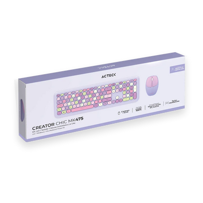 Kit 2 en 1 Acteck Creator Chic MK47 — Teclado y Mouse Inalámbricos, teclado de 110 teclas con tecnología de membrana y mouse óptico inalámbrico con 2 botones + scroll, conexión USB 2.4 GHz, color morado.