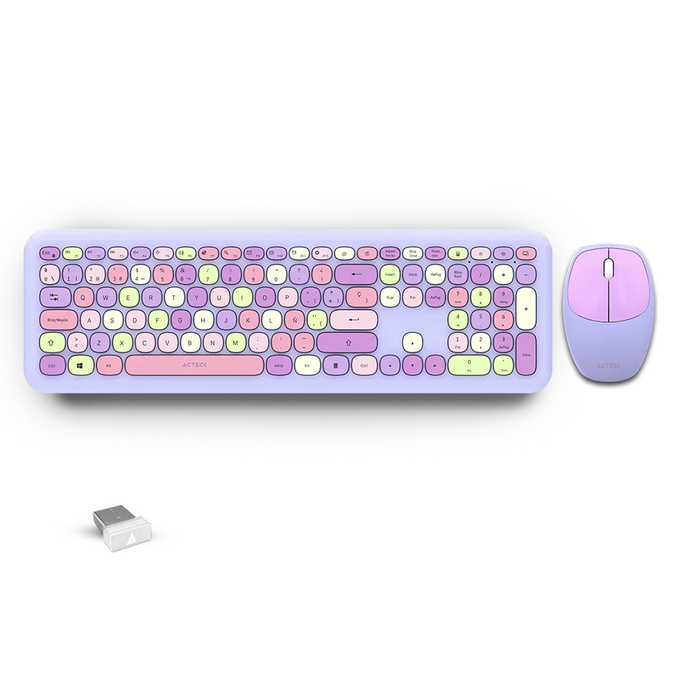 Kit 2 en 1 Acteck Creator Chic MK47 — Teclado y Mouse Inalámbricos, teclado de 110 teclas con tecnología de membrana y mouse óptico inalámbrico con 2 botones + scroll, conexión USB 2.4 GHz, color morado.
