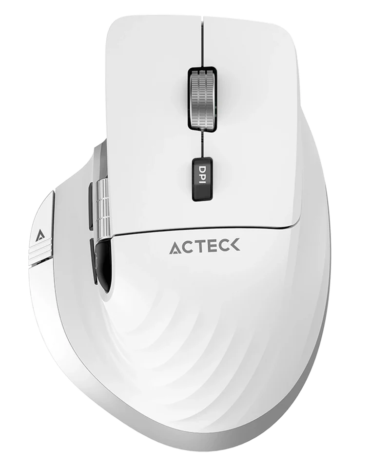 Acteck Virtuos Pro MI780 Vertical Inalámbrico Dual Bluetooth + USB — versión en color blanco, con conectividad multidispositivo, scroll horizontal y diseño recargable.