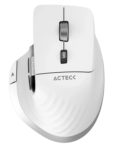 Acteck Virtuos Pro MI780 Vertical Inalámbrico Dual Bluetooth + USB — versión en color blanco, con conectividad multidispositivo, scroll horizontal y diseño recargable.