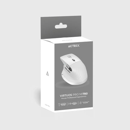 Acteck Virtuos Pro MI780 Vertical Inalámbrico Dual Bluetooth + USB — versión en color blanco, con conectividad multidispositivo, scroll horizontal y diseño recargable.