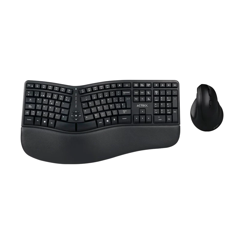 Kit Acteck Creator Virtuos Fitt MK770 — Teclado y Mouse Vertical Inalámbricos, con receptor USB, teclado multimedia en español de 118 teclas, mouse vertical ergonómico óptico con 2400 DPI ajustable, recargable, color negro.
