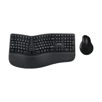 Kit Acteck Creator Virtuos Fitt MK770 — Teclado y Mouse Vertical Inalámbricos, con receptor USB, teclado multimedia en español de 118 teclas, mouse vertical ergonómico óptico con 2400 DPI ajustable, recargable, color negro.
