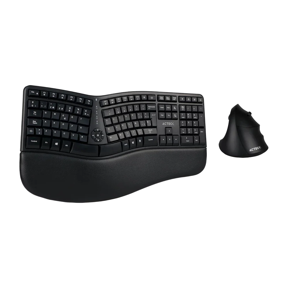 Kit Acteck Creator Virtuos Fitt MK770 — Teclado y Mouse Vertical Inalámbricos, con receptor USB, teclado multimedia en español de 118 teclas, mouse vertical ergonómico óptico con 2400 DPI ajustable, recargable, color negro.