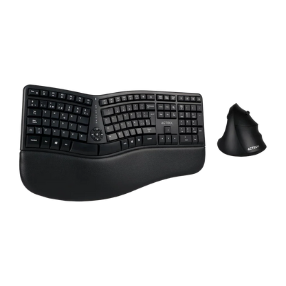 Kit Acteck Creator Virtuos Fitt MK770 — Teclado y Mouse Vertical Inalámbricos, con receptor USB, teclado multimedia en español de 118 teclas, mouse vertical ergonómico óptico con 2400 DPI ajustable, recargable, color negro.