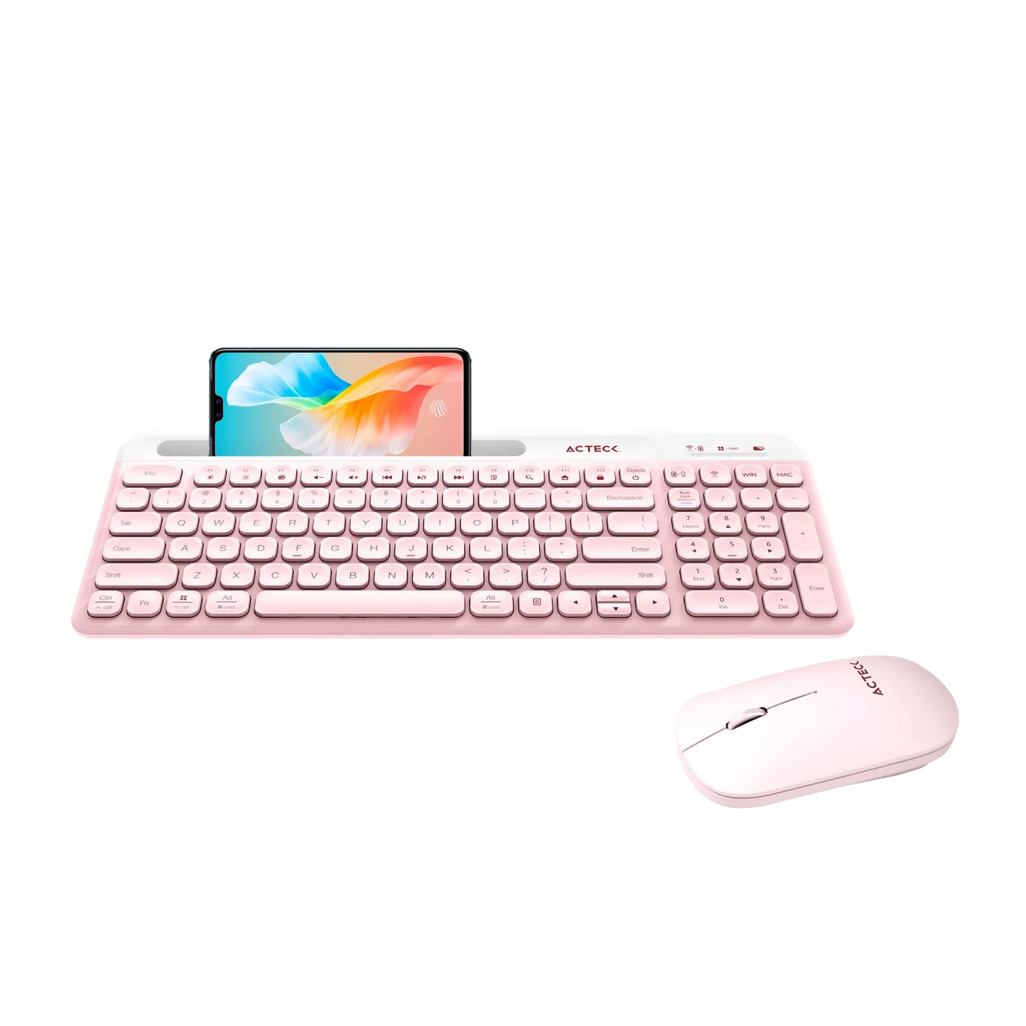 Kit Acteck Creator Virtuos Silk MK720 — Teclado y Mouse Inalámbricos, con conectividad dual Bluetooth + USB, batería recargable, teclado en español de 100 teclas con funciones multimedia y mouse óptico de hasta 4000 DPI, color rosa.