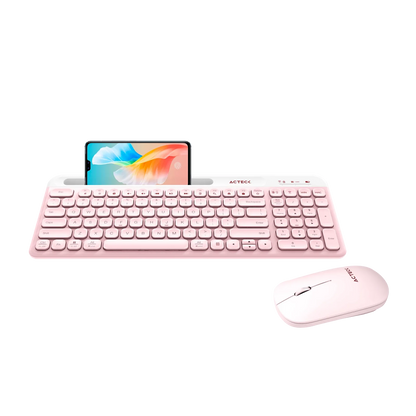 Kit Acteck Creator Virtuos Silk MK720 — Teclado y Mouse Inalámbricos, con conectividad dual Bluetooth + USB, batería recargable, teclado en español de 100 teclas con funciones multimedia y mouse óptico de hasta 4000 DPI, color rosa.
