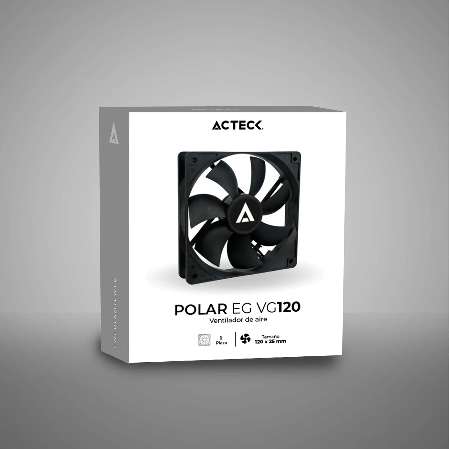 Ventilador Acteck Polar EG VG120 para gabinete, tamaño 120 x 25 mm, velocidad de hasta 1200 RPM, flujo de aire 39.25 CFM, 7 aspas, rodamiento hidráulico, conexión Molex.