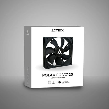 Ventilador Acteck Polar EG VG120 para gabinete, tamaño 120 x 25 mm, velocidad de hasta 1200 RPM, flujo de aire 39.25 CFM, 7 aspas, rodamiento hidráulico, conexión Molex.