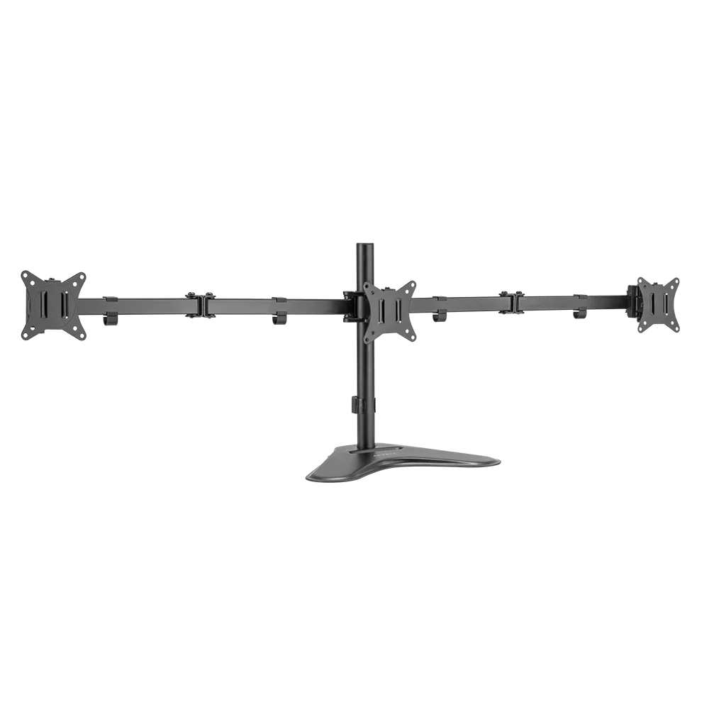 Soporte Acteck Enforce Zone-B SM435 para 3 Monitores — soporte de escritorio con brazos ajustables para monitores de 17″ a 32″, con inclinación, giro y organizador de cables, en negro.