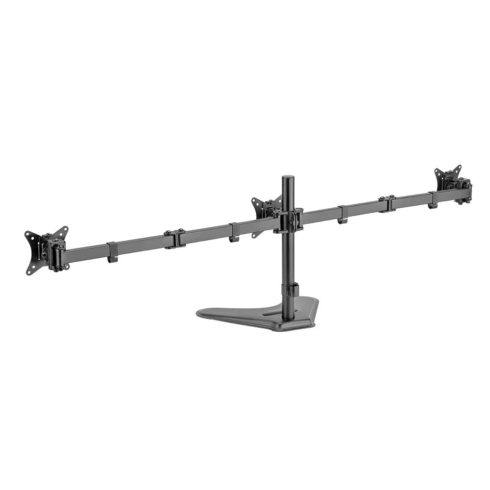 Soporte Acteck Enforce Zone-B SM435 para 3 Monitores — soporte de escritorio con brazos ajustables para monitores de 17″ a 32″, con inclinación, giro y organizador de cables, en negro.