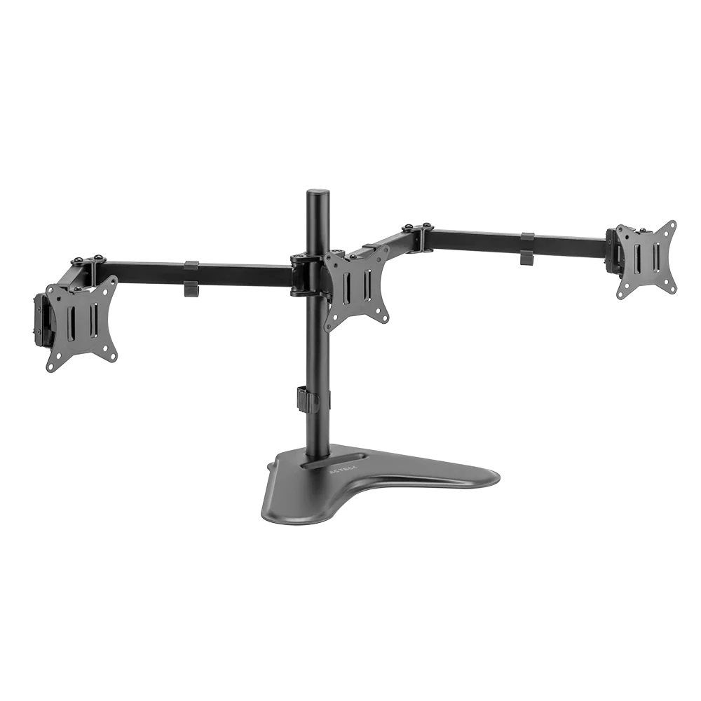 Soporte Acteck Enforce Zone-B SM435 para 3 Monitores — soporte de escritorio con brazos ajustables para monitores de 17″ a 32″, con inclinación, giro y organizador de cables, en negro.