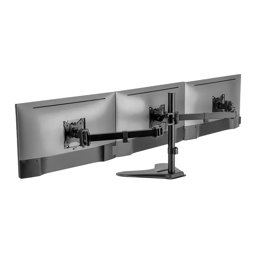 Soporte Acteck Enforce Zone-B SM435 para 3 Monitores — soporte de escritorio con brazos ajustables para monitores de 17″ a 32″, con inclinación, giro y organizador de cables, en negro.