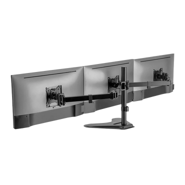 Soporte Acteck Enforce Zone-B SM435 para 3 Monitores — soporte de escritorio con brazos ajustables para monitores de 17″ a 32″, con inclinación, giro y organizador de cables, en negro.