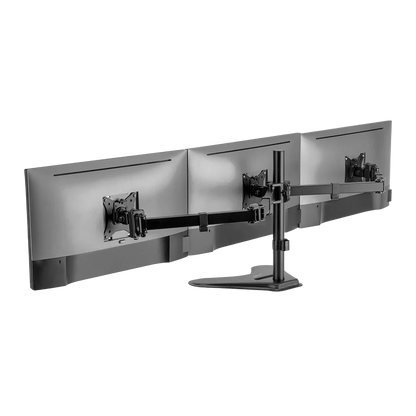 Soporte Acteck Enforce Zone-B SM435 para 3 Monitores — soporte de escritorio con brazos ajustables para monitores de 17″ a 32″, con inclinación, giro y organizador de cables, en negro.