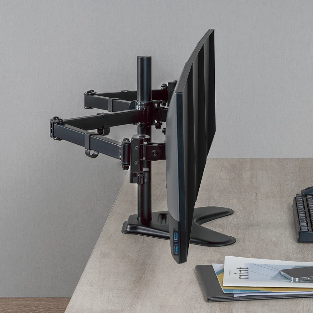 Soporte Acteck Enforce Zone-B SM435 para 3 Monitores — soporte de escritorio con brazos ajustables para monitores de 17″ a 32″, con inclinación, giro y organizador de cables, en negro.