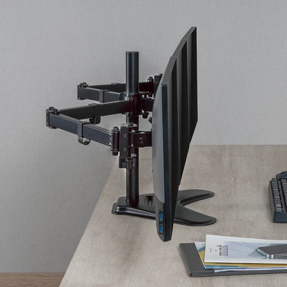 Soporte Acteck Enforce Zone-B SM435 para 3 Monitores — soporte de escritorio con brazos ajustables para monitores de 17″ a 32″, con inclinación, giro y organizador de cables, en negro.