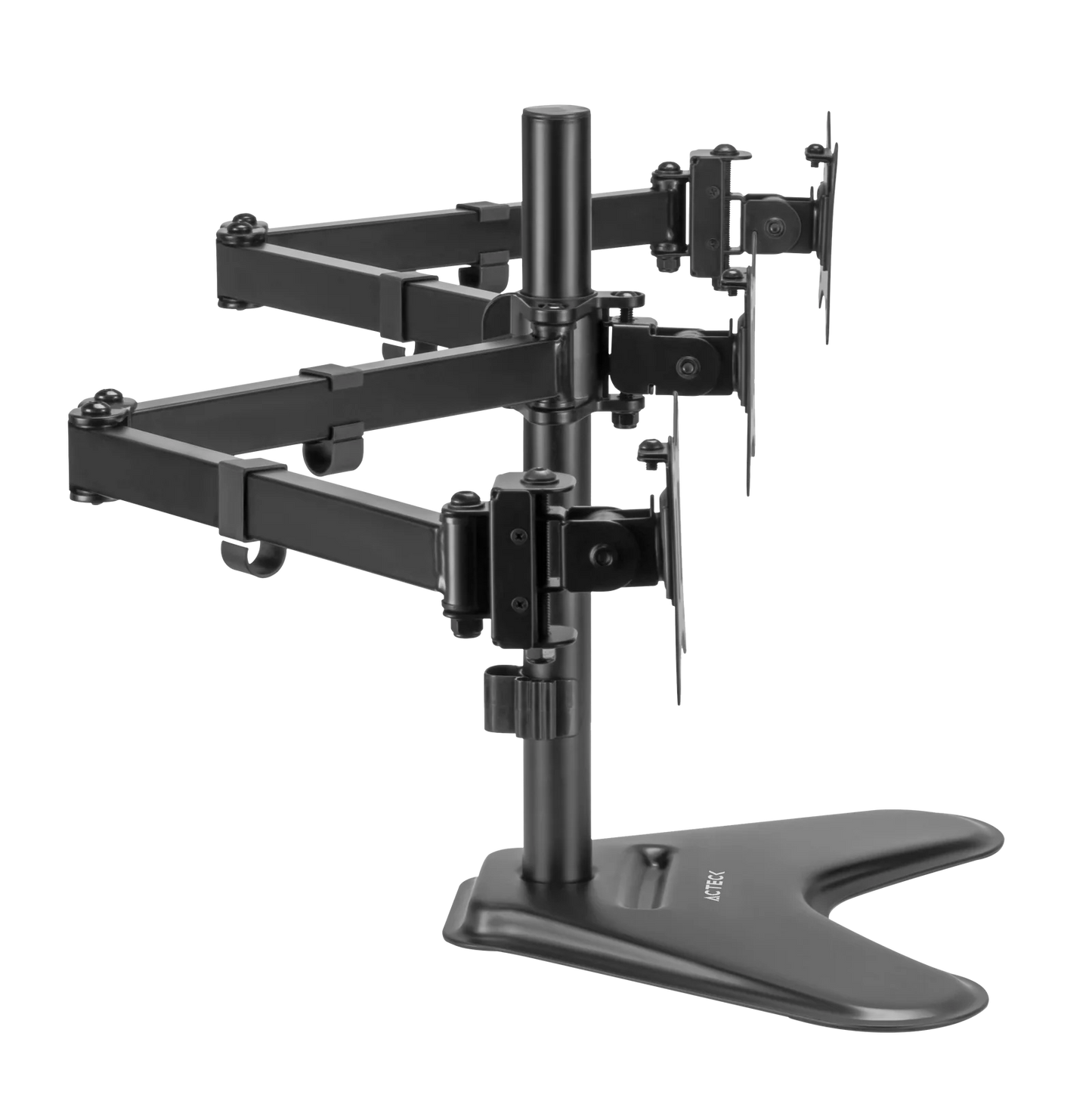 Soporte Acteck Enforce Zone-B SM435 para 3 Monitores — soporte de escritorio con brazos ajustables para monitores de 17″ a 32″, con inclinación, giro y organizador de cables, en negro.