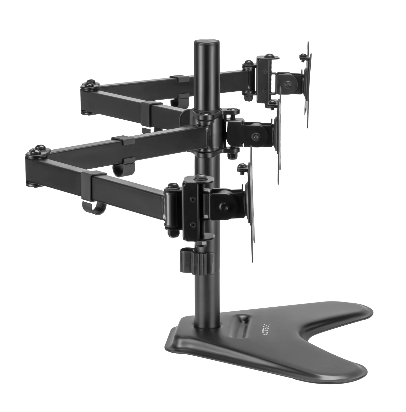Soporte Acteck Enforce Zone-B SM435 para 3 Monitores — soporte de escritorio con brazos ajustables para monitores de 17″ a 32″, con inclinación, giro y organizador de cables, en negro.
