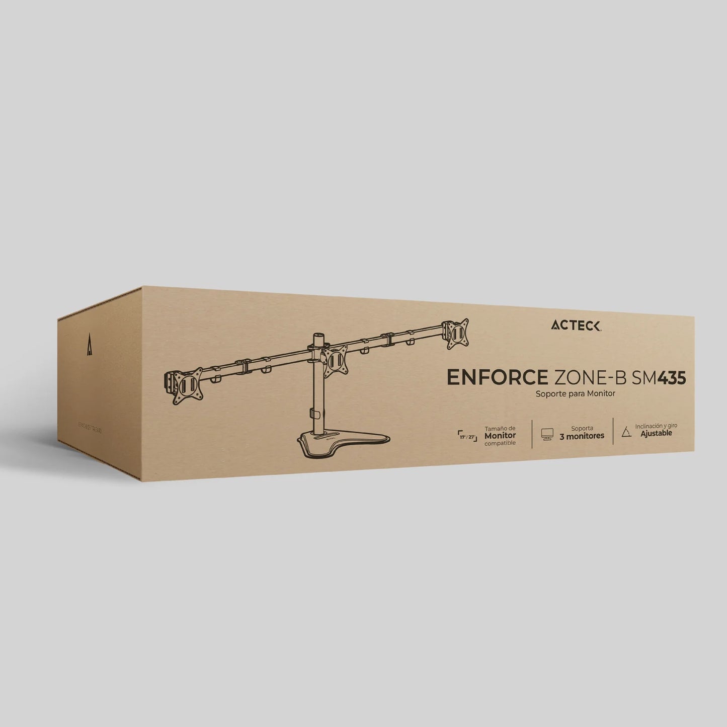 Soporte Acteck Enforce Zone-B SM435 para 3 Monitores — soporte de escritorio con brazos ajustables para monitores de 17″ a 32″, con inclinación, giro y organizador de cables, en negro.