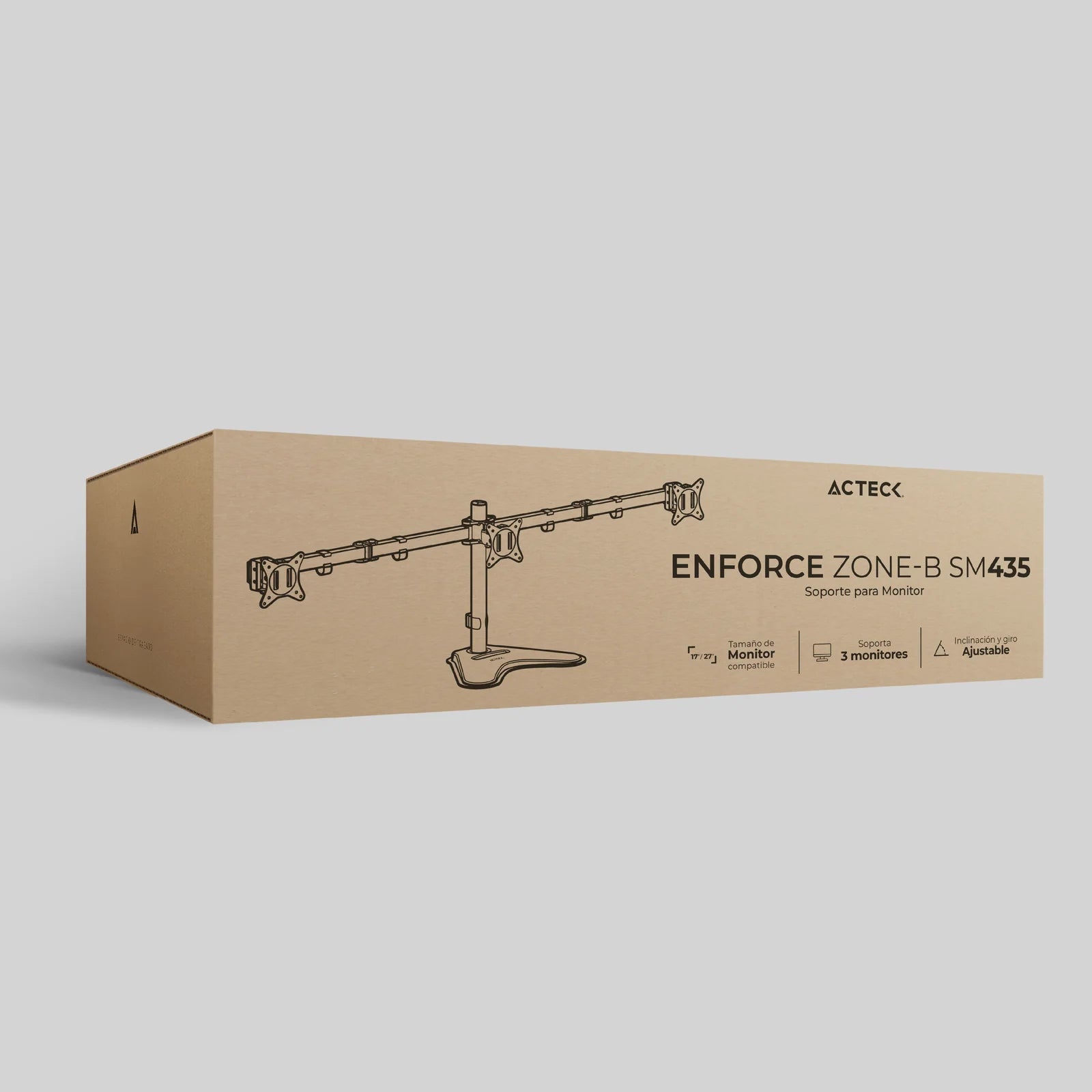 Soporte Acteck Enforce Zone-B SM435 para 3 Monitores — soporte de escritorio con brazos ajustables para monitores de 17″ a 32″, con inclinación, giro y organizador de cables, en negro.