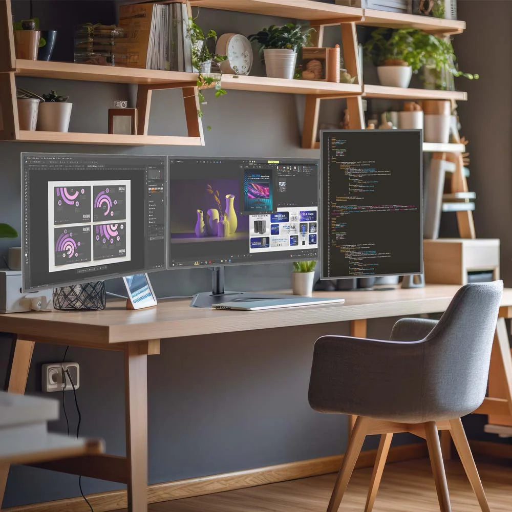 Soporte Acteck Enforce Zone-B SM435 para 3 Monitores — soporte de escritorio con brazos ajustables para monitores de 17″ a 32″, con inclinación, giro y organizador de cables, en negro.