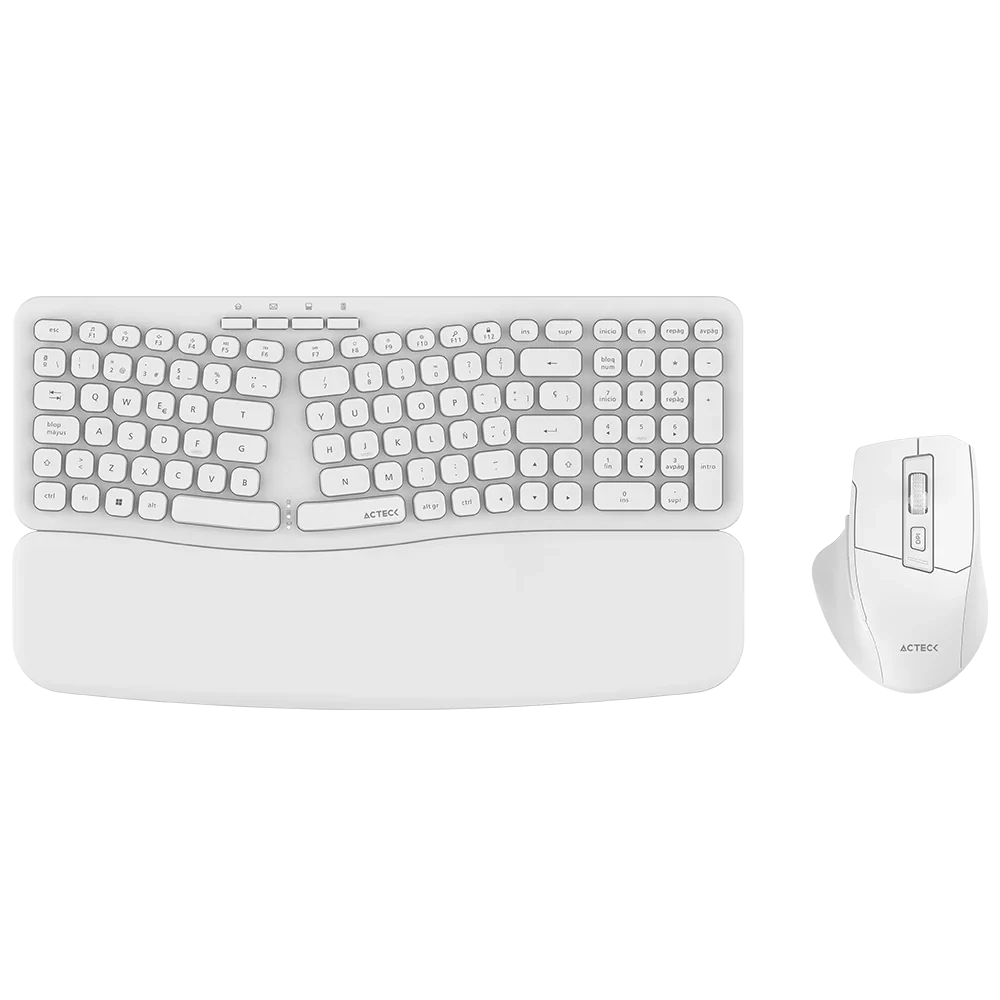 Kit Acteck Creator Ultra Confort MK650 — Teclado y Mouse Inalámbricos, con diseño ergonómico, teclado de membrana con reposabrazos y mouse inalámbrico, color blanco.