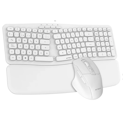 Kit Acteck Creator Ultra Confort MK650 — Teclado y Mouse Inalámbricos, con diseño ergonómico, teclado de membrana con reposabrazos y mouse inalámbrico, color blanco.