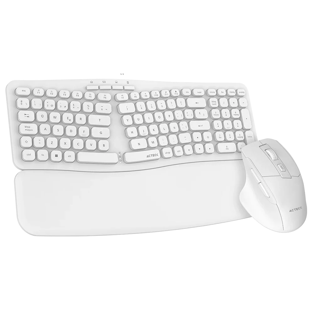 Kit Acteck Creator Ultra Confort MK650 — Teclado y Mouse Inalámbricos, con diseño ergonómico, teclado de membrana con reposabrazos y mouse inalámbrico, color blanco.