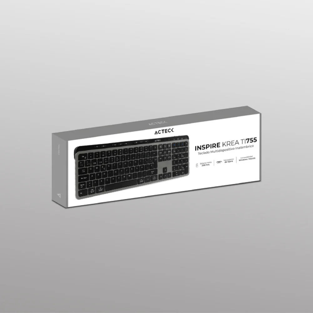 Teclado Acteck Inspire Krea TI755 — Inalámbrico dual, conexión 2.4 GHz + Bluetooth, multidispositivo, 118 teclas en español, recargable, tecnología anti-ghosting, acabado negro con gris.