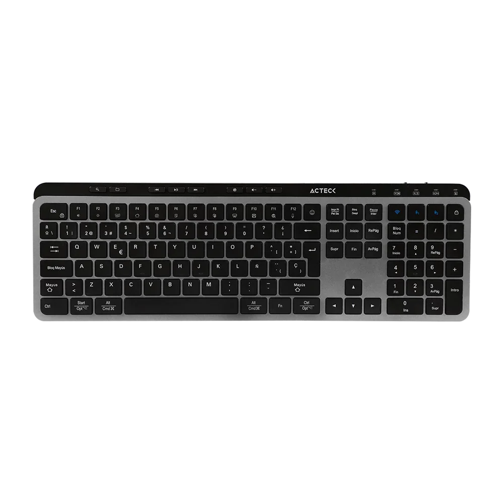 Teclado Acteck Inspire Krea TI755 — Inalámbrico dual, conexión 2.4 GHz + Bluetooth, multidispositivo, 118 teclas en español, recargable, tecnología anti-ghosting, acabado negro con gris.