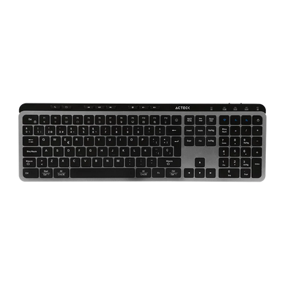 Teclado Acteck Inspire Krea TI755 — Inalámbrico dual, conexión 2.4 GHz + Bluetooth, multidispositivo, 118 teclas en español, recargable, tecnología anti-ghosting, acabado negro con gris.