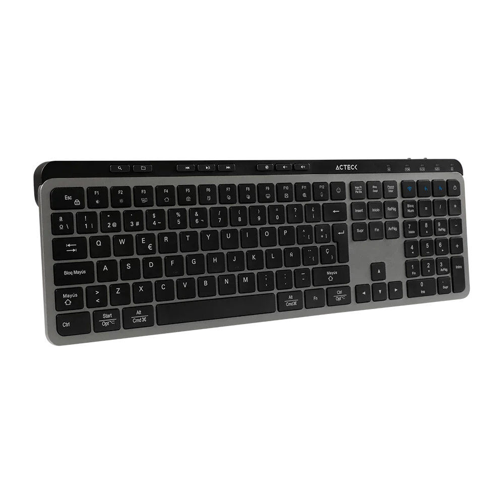 Teclado Acteck Inspire Krea TI755 — Inalámbrico dual, conexión 2.4 GHz + Bluetooth, multidispositivo, 118 teclas en español, recargable, tecnología anti-ghosting, acabado negro con gris.