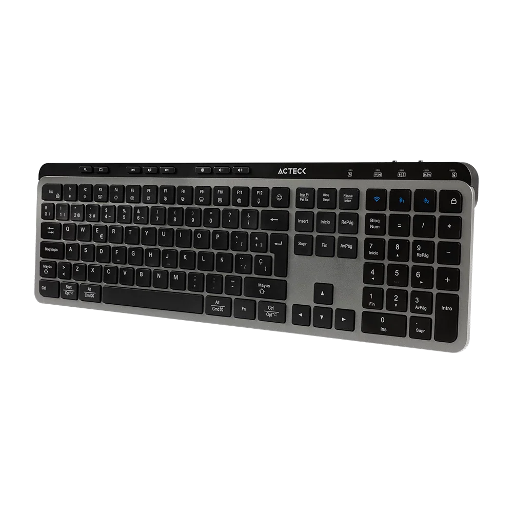 Teclado Acteck Inspire Krea TI755 — Inalámbrico dual, conexión 2.4 GHz + Bluetooth, multidispositivo, 118 teclas en español, recargable, tecnología anti-ghosting, acabado negro con gris.