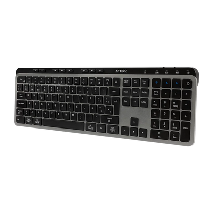 Teclado Acteck Inspire Krea TI755 — Inalámbrico dual, conexión 2.4 GHz + Bluetooth, multidispositivo, 118 teclas en español, recargable, tecnología anti-ghosting, acabado negro con gris.